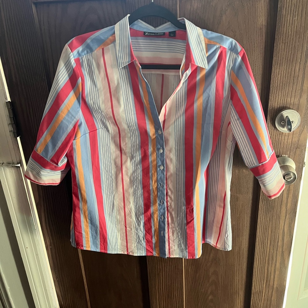 Pretty pink striped cotton blouse with sleeves to the elbows. Has some blue.
